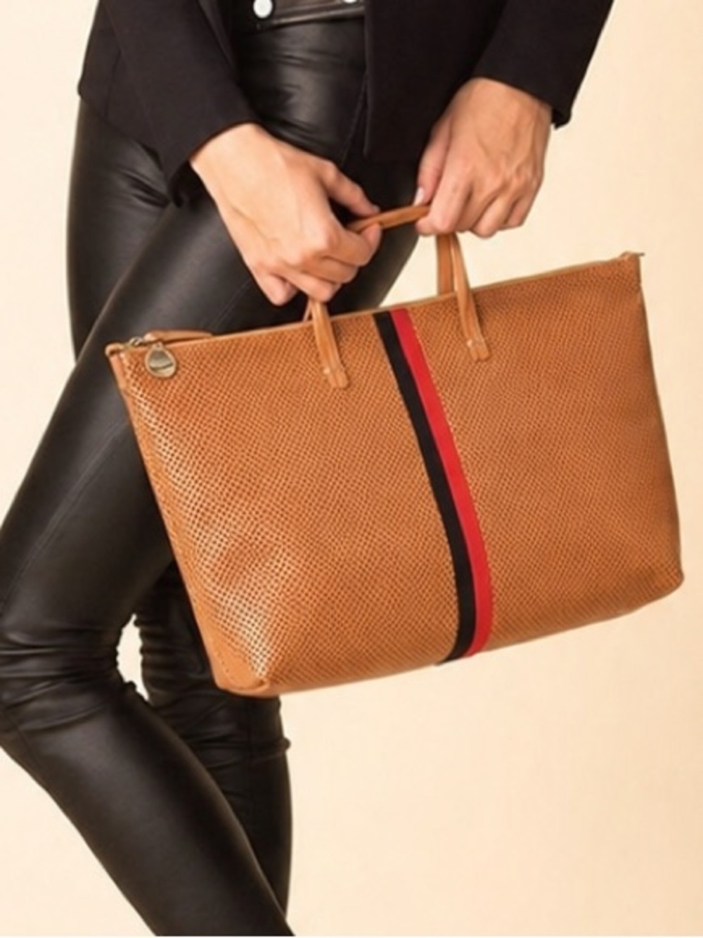 CLARE V. BROWN LEATHER PERFORATED BLACK & RED SUEDE DESERT STRIPES TOTE BAG